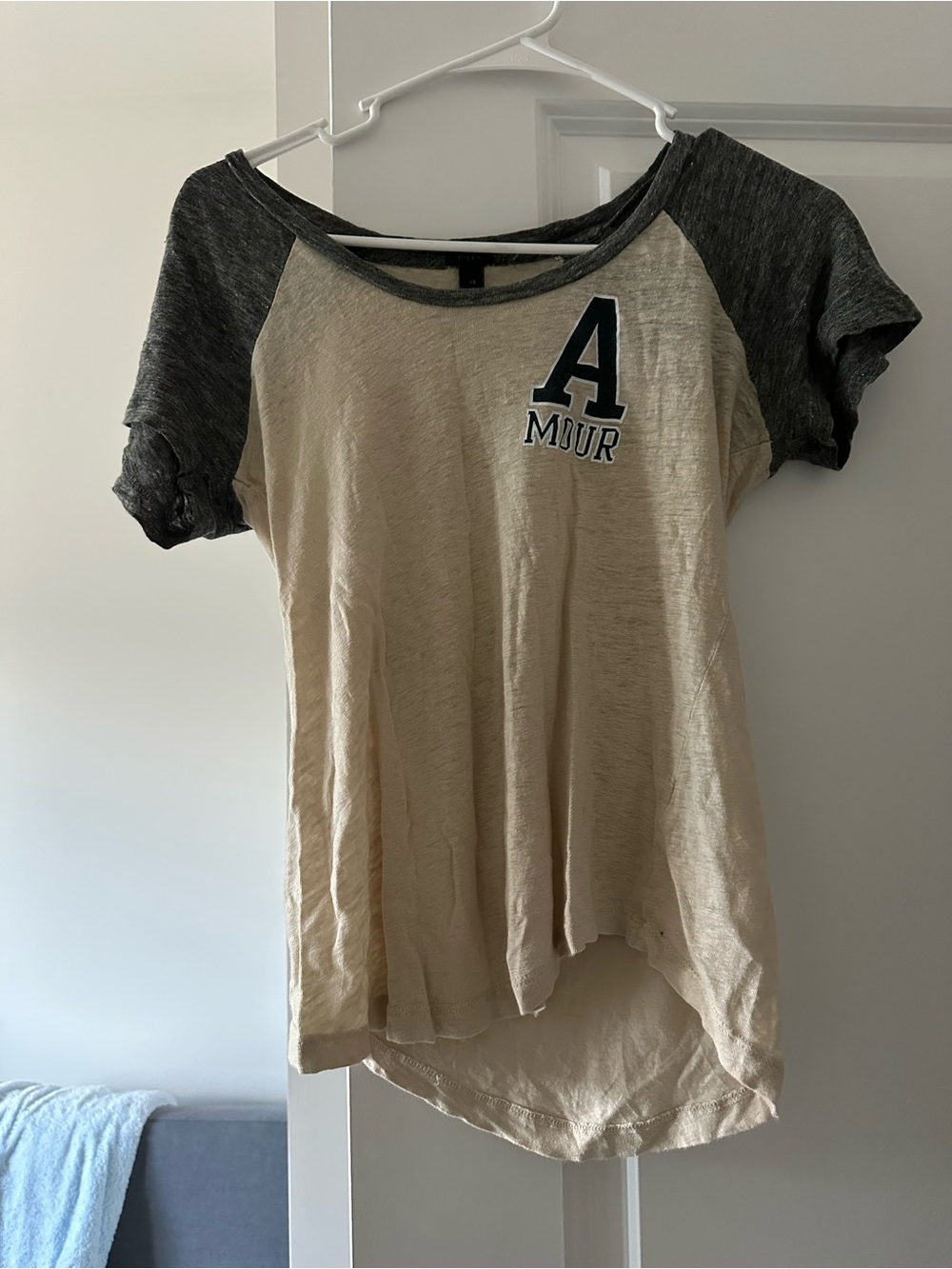 J. Crew Two-Tone Beige and Charcoal Raglan Tee with 'A' Patch